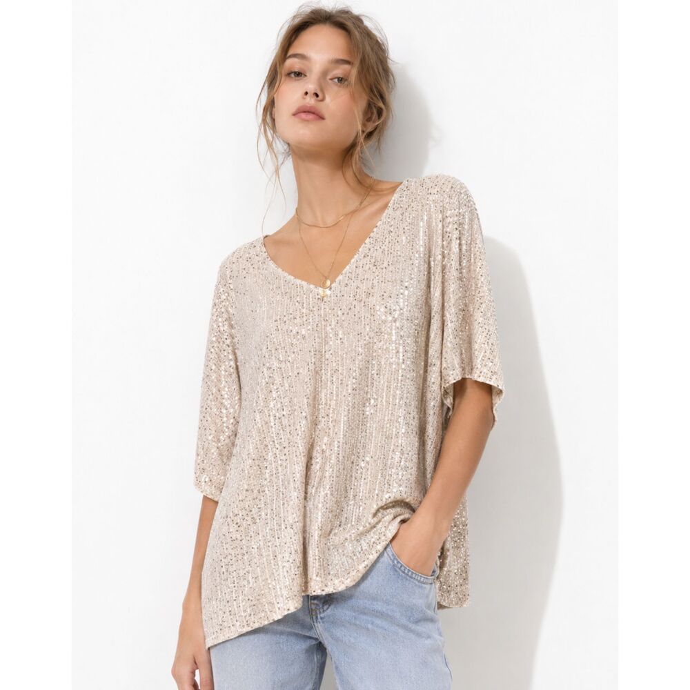 By Together Sequin Oversized Glam Party Top Gold Silver Sparkle Blouse S NEW